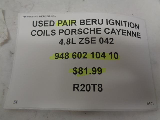 USED PAIR BERU IGNITION COILS PORSCHE CAYENNE 4.8L ZSE 042 948 602 104 10 R20T8