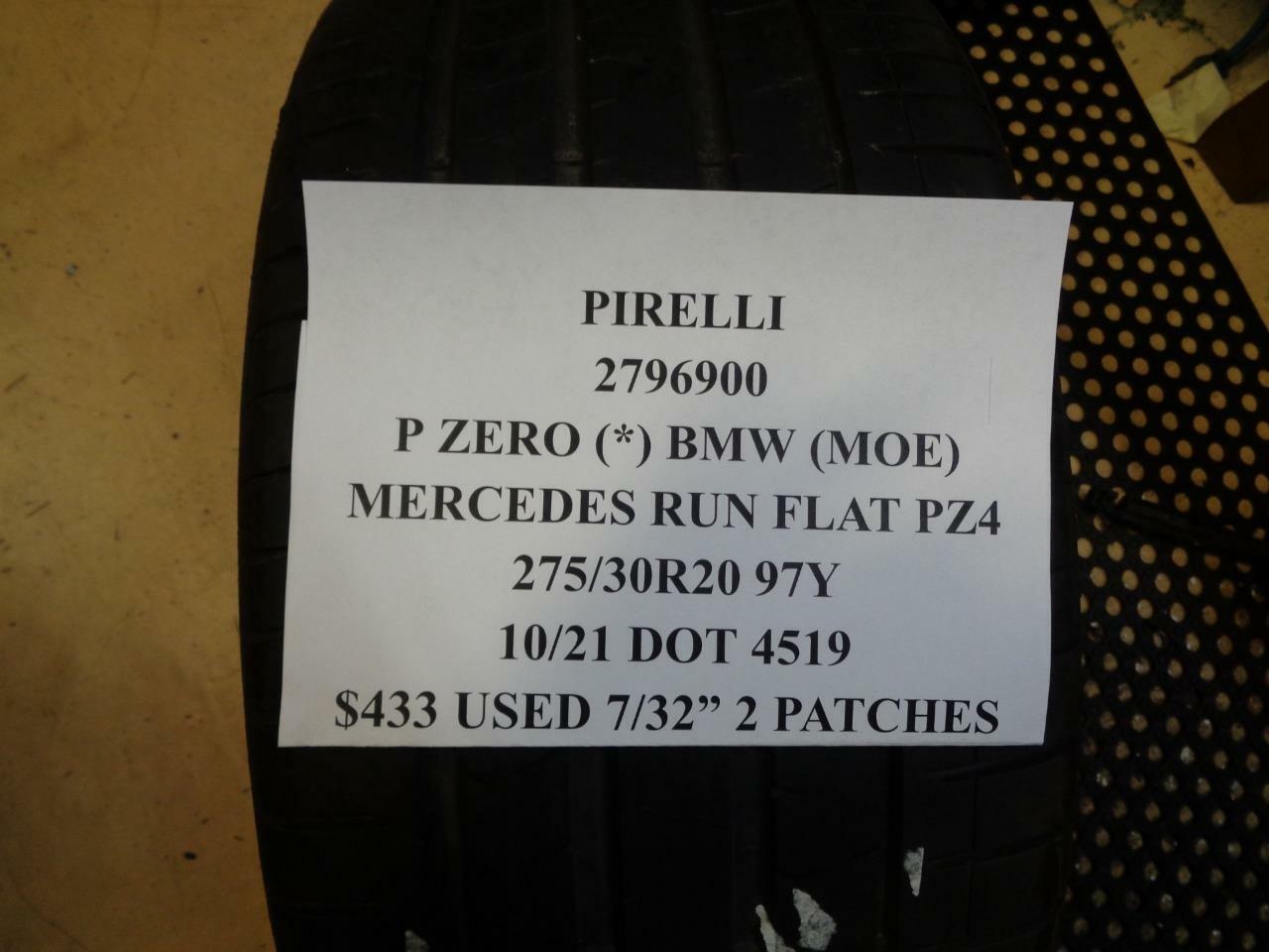 1 USED PIRELLI P-ZERO BMW RUNFLAT PZ4 275 30 20 97V 7/32" 2 PATCHES 2796900