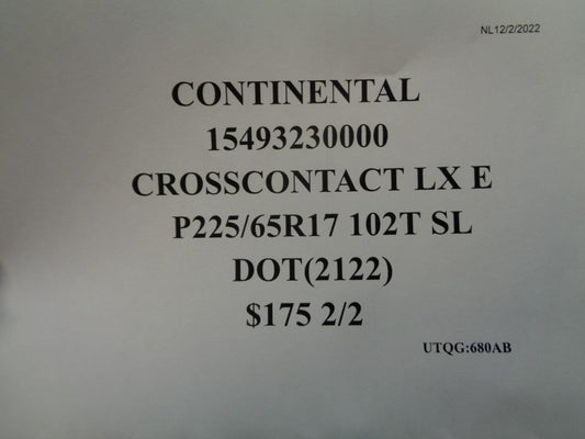 2 CONTINENTAL CROSSCONTACT LX E P 225 65 17 102T SL TIRE 15493230000