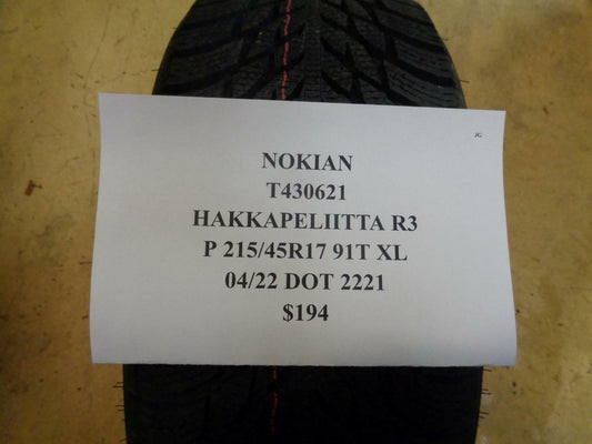 1 NEW TIRE NOKIAN HAKKAPELIITTA R3 P 215 45 17 91T XL T430621