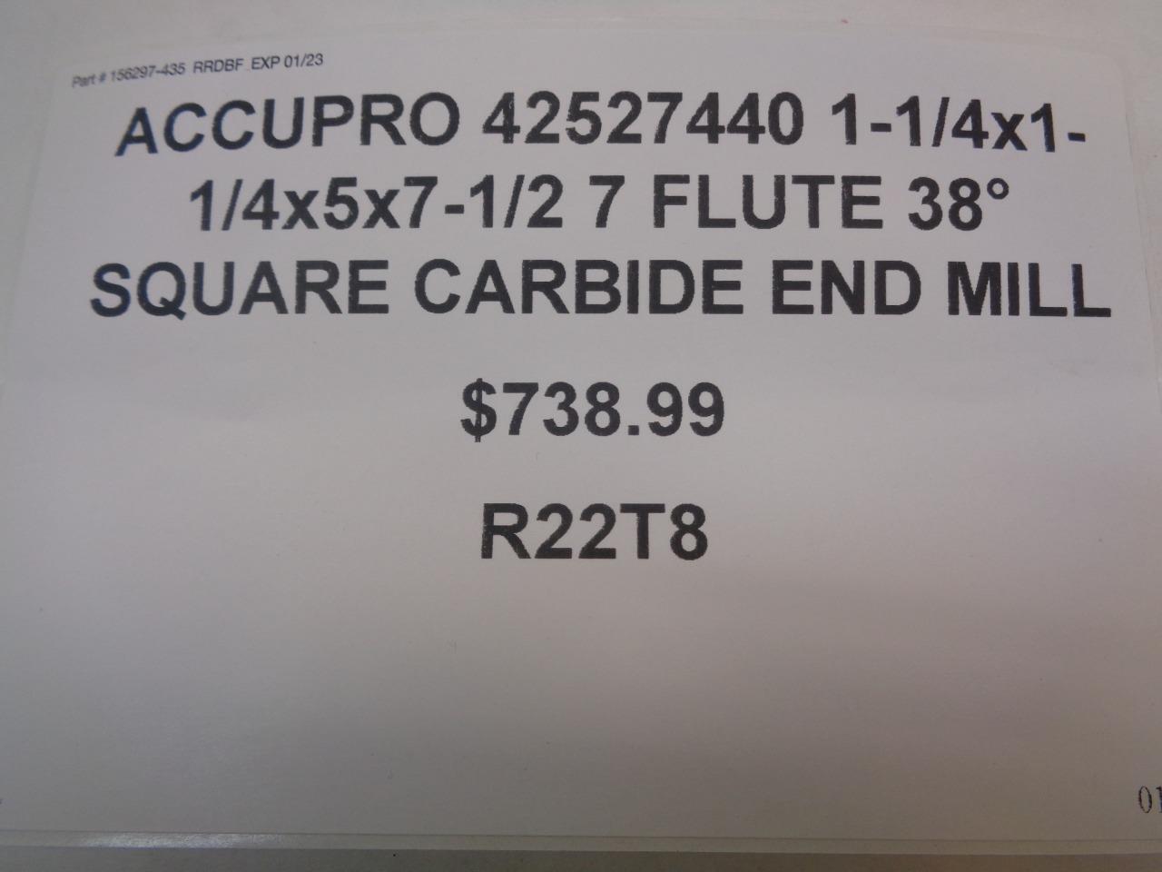 ACCUPRO 42527440 1-1/4x1-1/4x5x7-1/2 7 FLUTE 38° SQUARE CARBIDE END MILL R22T8
