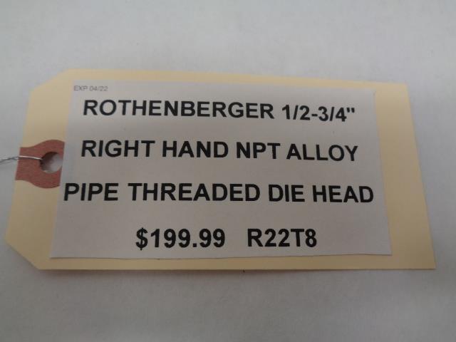 ROTHENBERGER 1/2-3/4" RIGHT HAND NPT ALLOY PIPE THREADED DIE HEADS R22T8