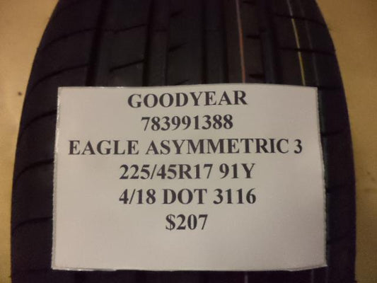 1 NOS GOODYEAR EAGLE ASYMMETRIC 3 225 45 17 91Y TIRE WO LABEL 783991388 Q9
