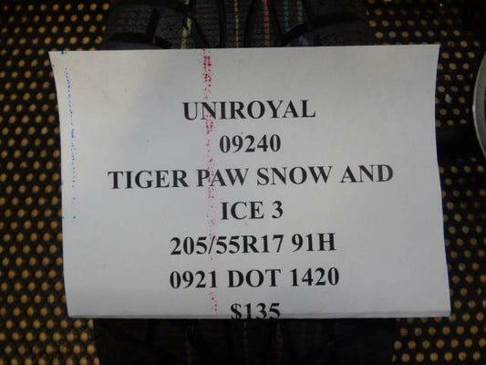 1 NEW UNIROYAL TIGER PAW SNOW AND ICE 3 205 55 17 91H SNOW WINTER TIRE 09240