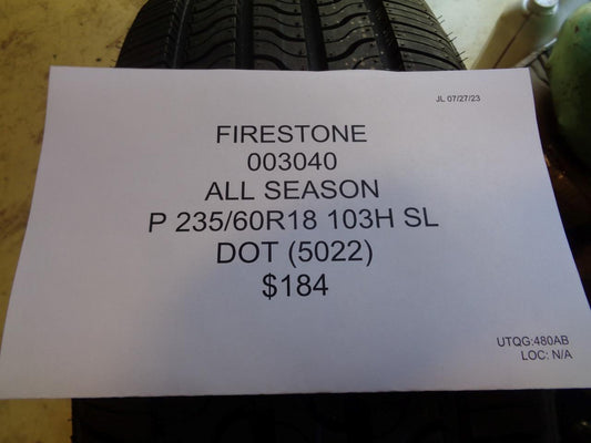 2 FIRESTONE ALL SEASON P 235 60 18 103H SL TIRES 003040 BQ3