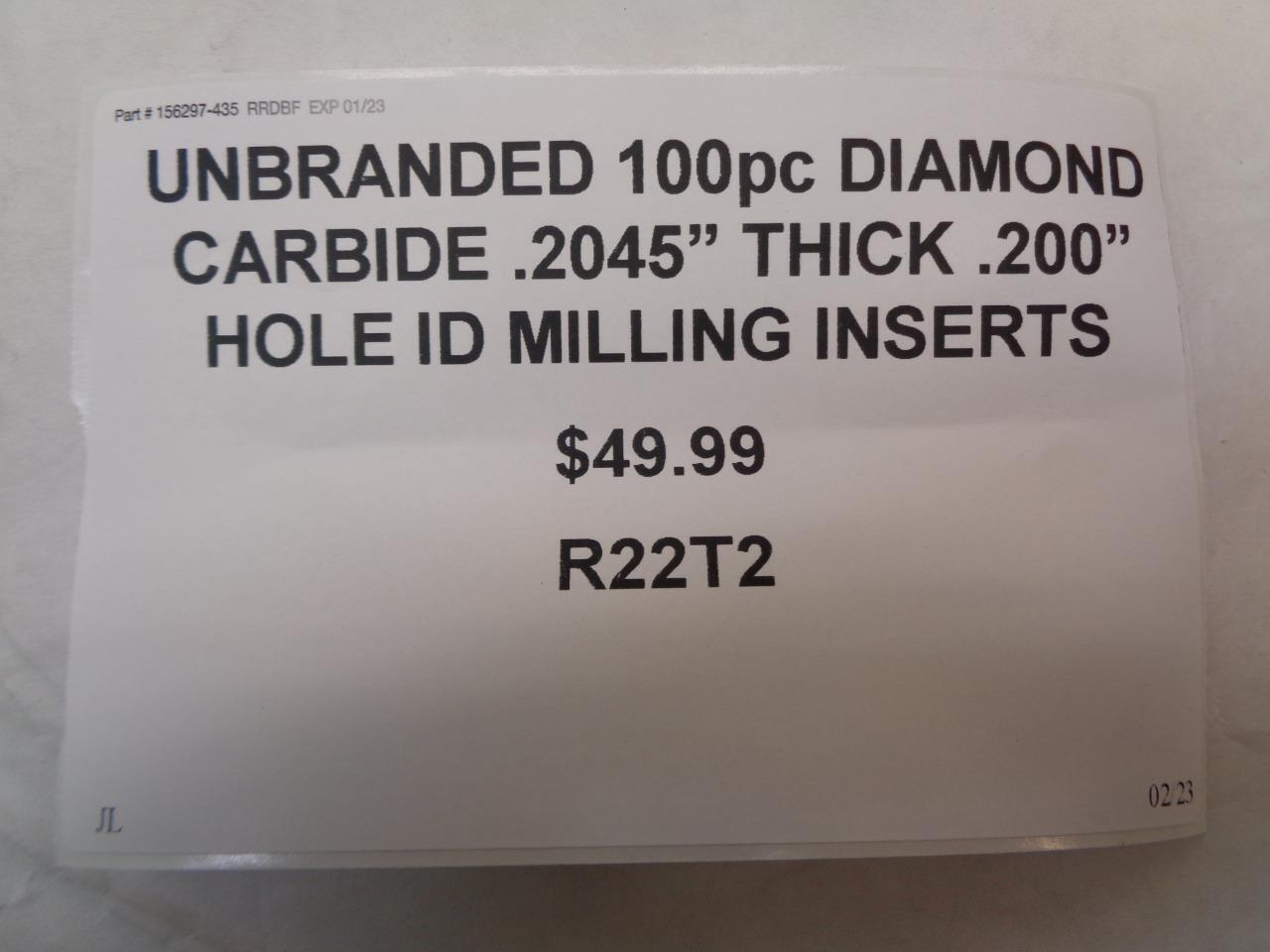 UNBRANDED 100pc DIAMOND CARBIDE .2045" THICK .200" HOLE ID MILLING INSERTS R22T2
