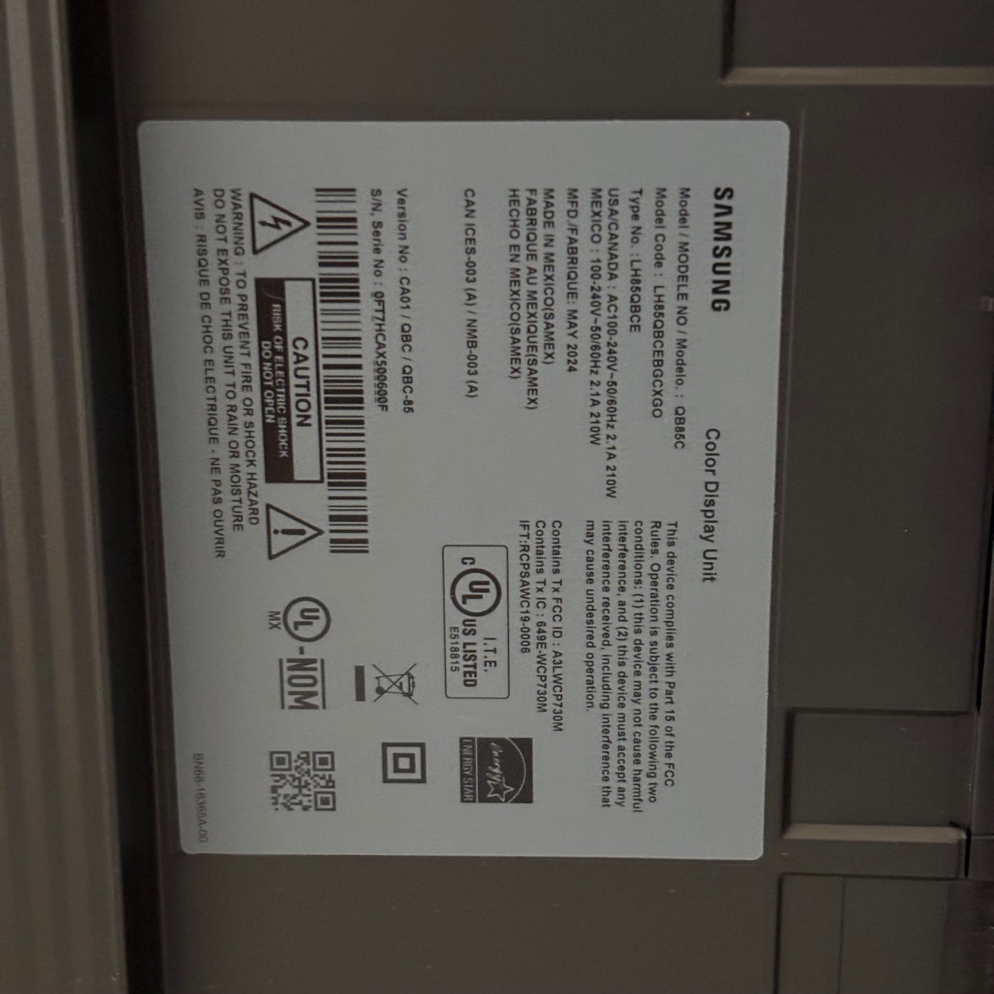 SAMSUNG QB85C QBC SERIES 85" UHD 4K HDR COMMERCIAL MONITOR (KSL ONLY
