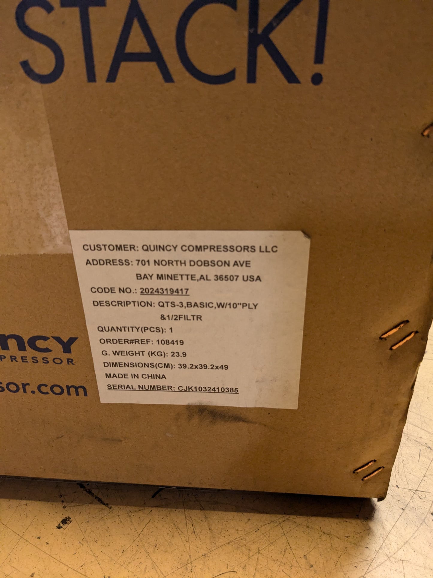 Quincy Compressor QTS-3 Series Basic W/10"PLY & 1/2 Filter Piston Air Compressor Pump 2024319417