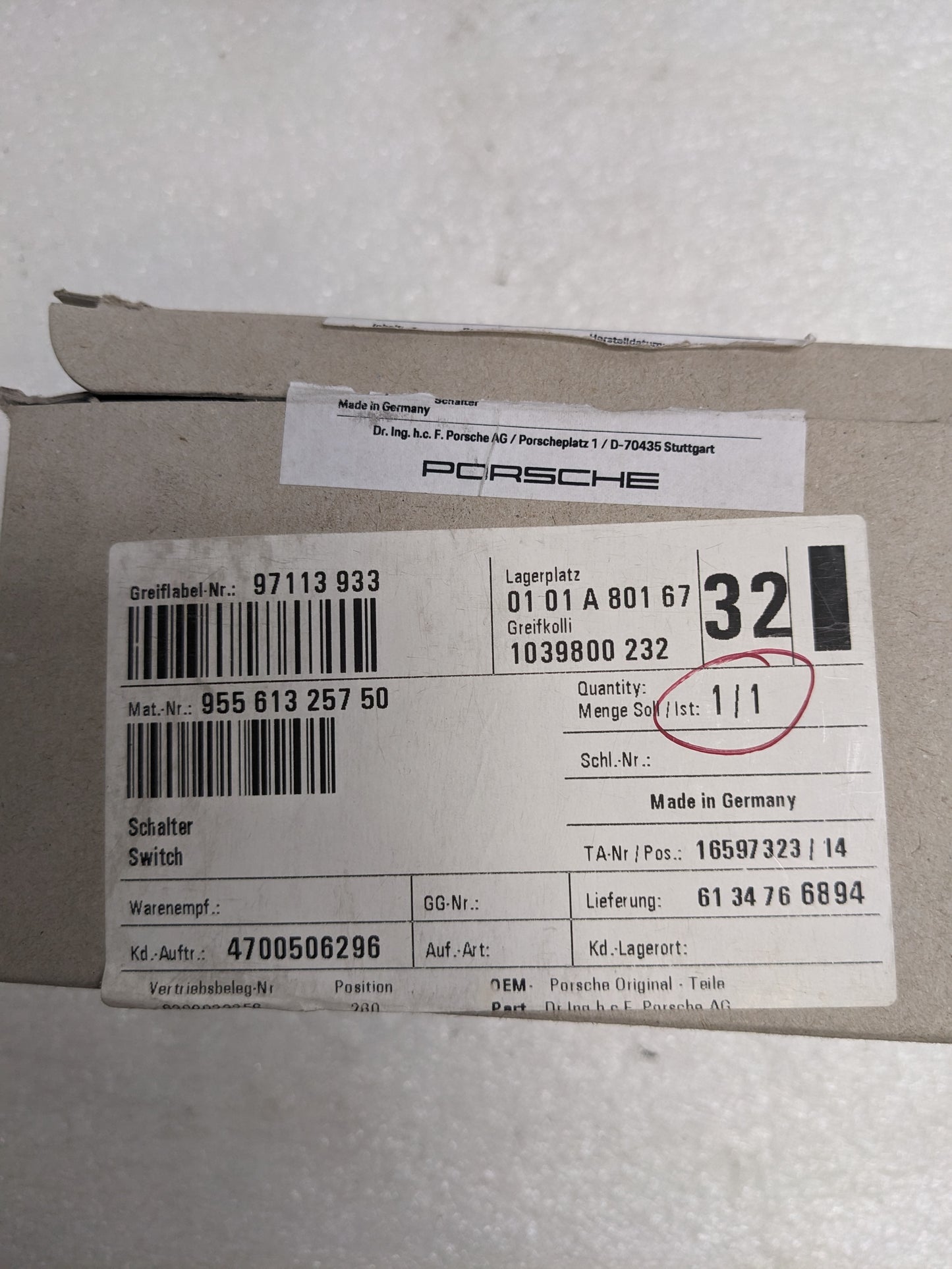 PORSCHE 95561325750 SWITCH SUSPENSION A FOR 2007-2010 CAYENNE NEW R23T2