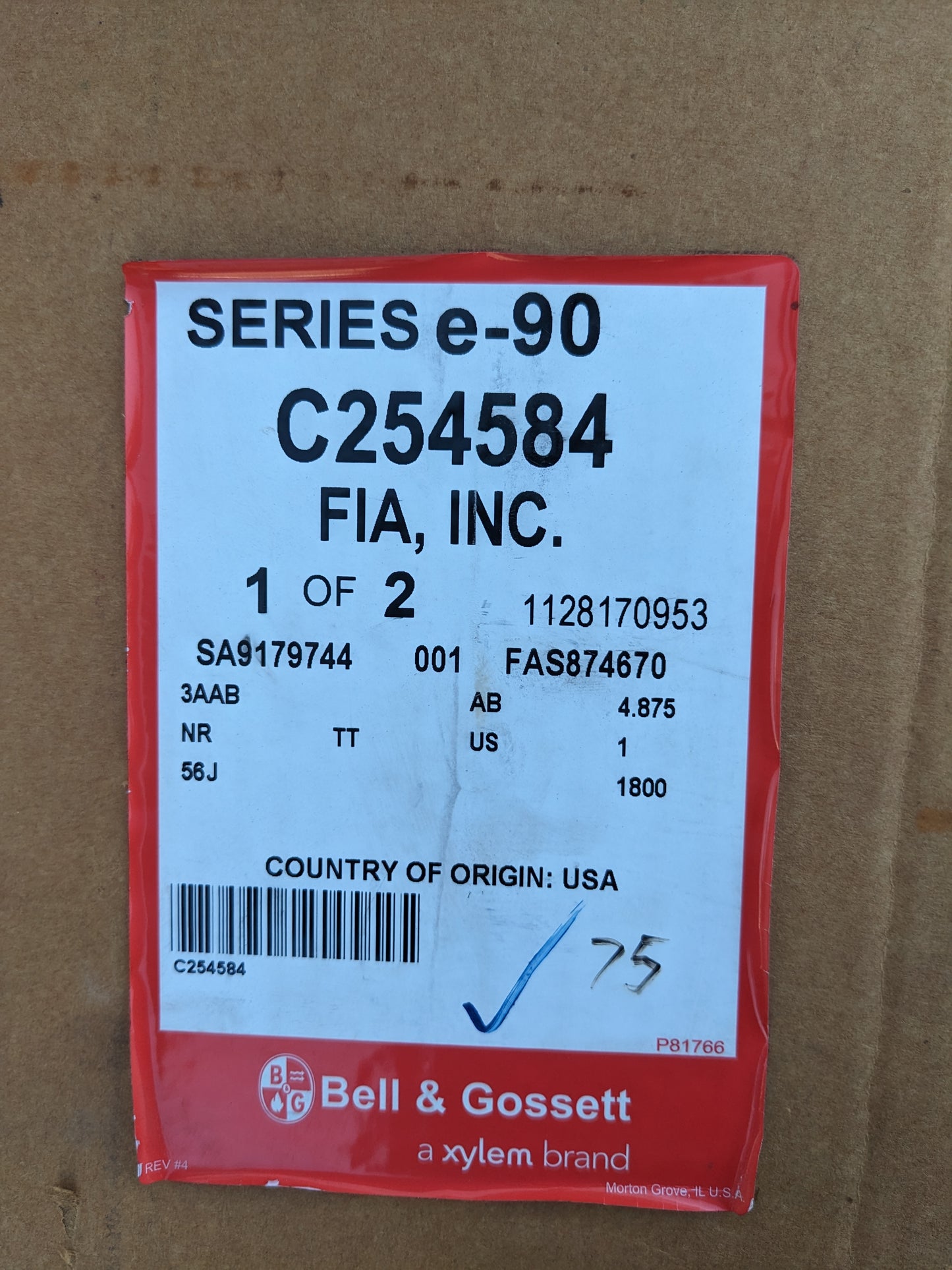 BELL & GOSSETT PUMP E-90 3AAB 4.875AB 2 NEW S-343