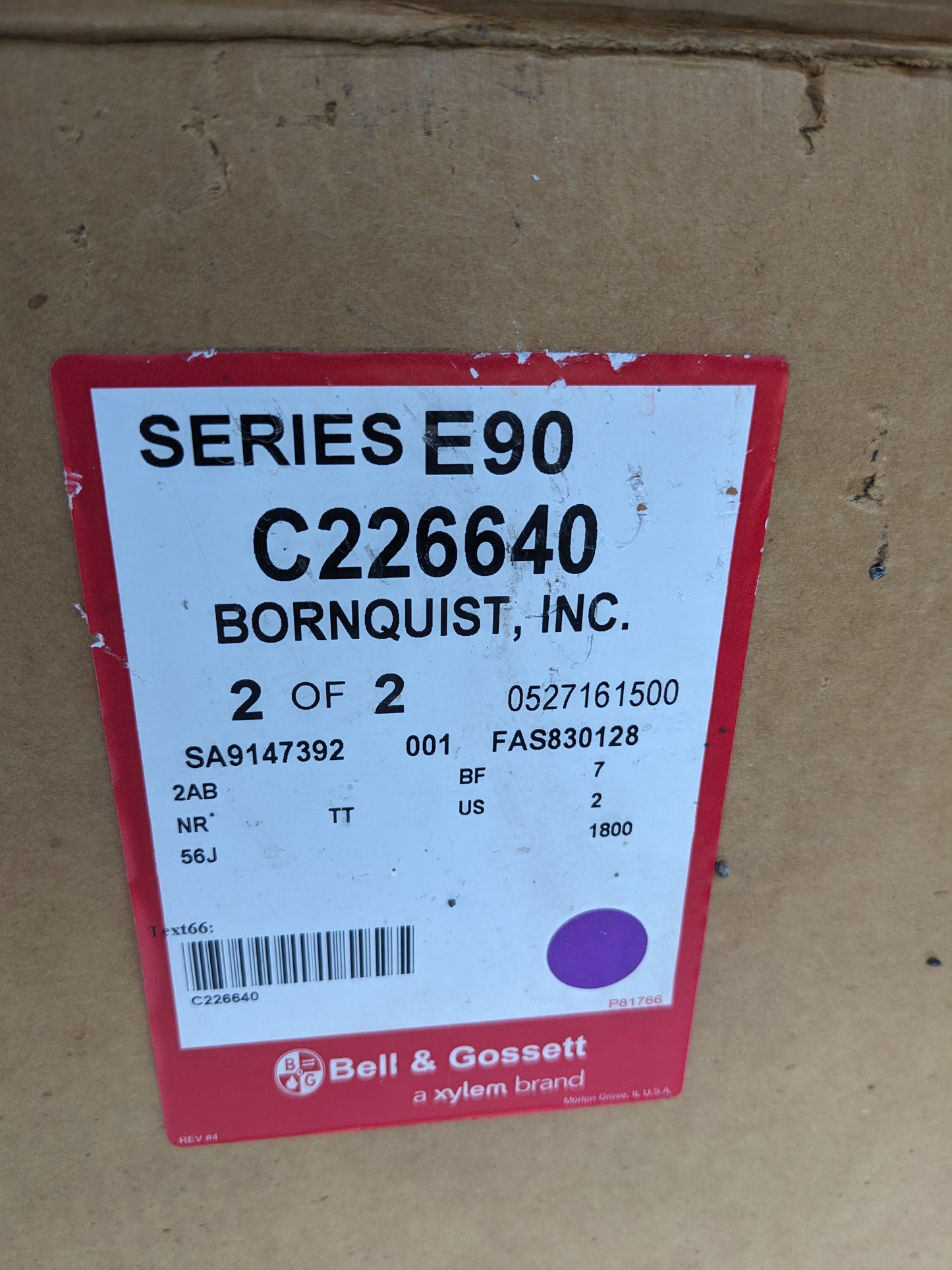 (DAMAGED) BELL & GOSSETT SERIES E90 PUMP 2AB 7BF 2HP 208-230/460V 60HZ NEW S-343