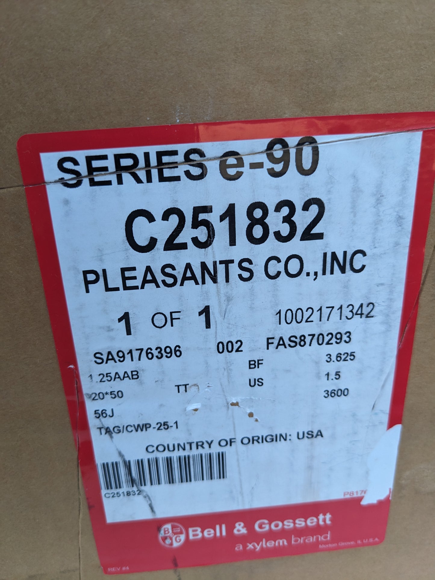 BELL & GOSSETT SERIES E90 CENTRIFUGAL PUMP 1.25AAB 3.625BF 1.5HP 3600RPM NEW S-343