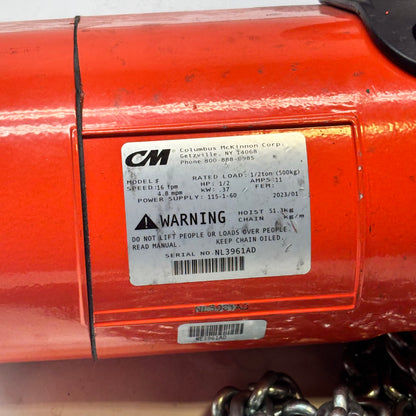 CM LODESTAR MODEL F 1/2-TON 16FPM 115V-1-60 10FT LIFT HEIGHT ELECTRIC CHAIN HOIST 2752NH-SH