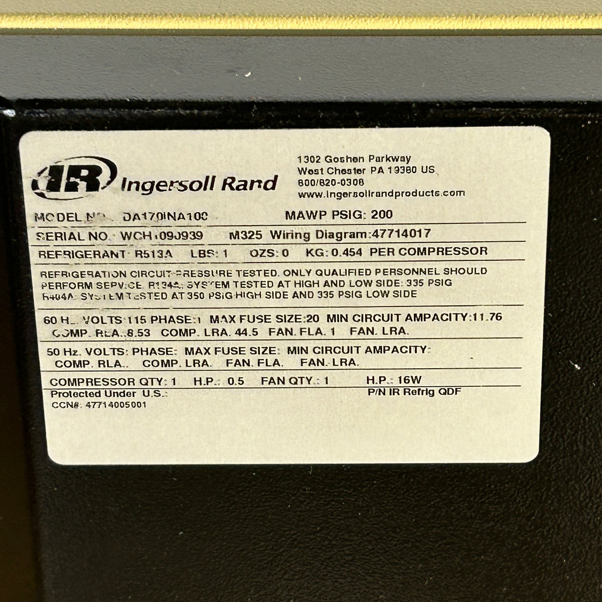 INGERSOLL RAND DA170INA100 REFRIGERATED AIR DRYER 47714005001