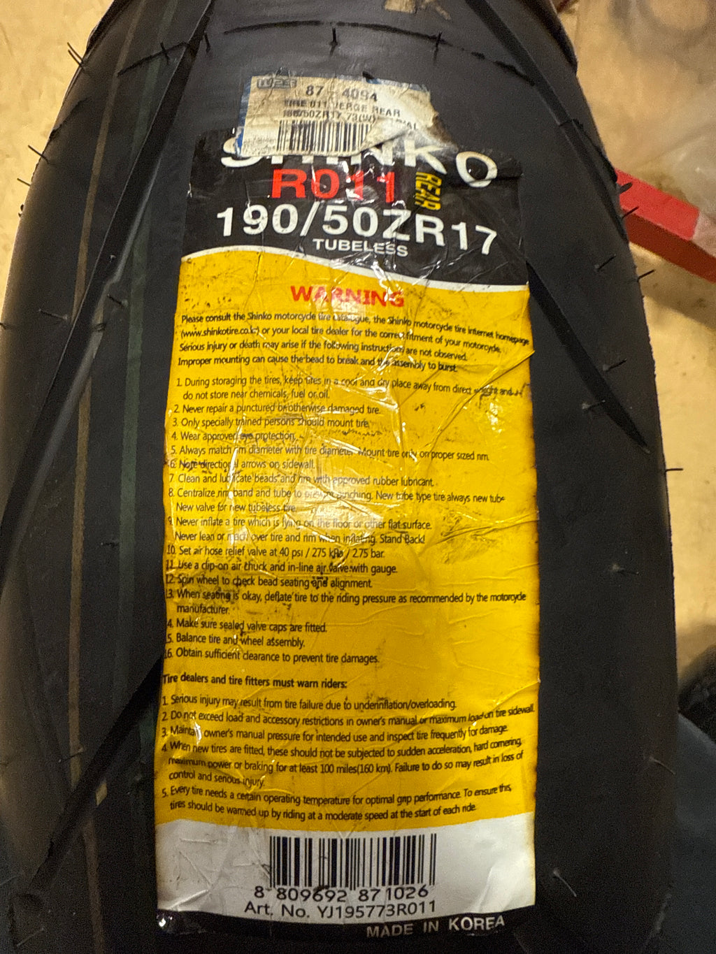 SHINKO 011 VERGE 190 50 17 73W REAR MOTORCYCE TIRE 87-4094
