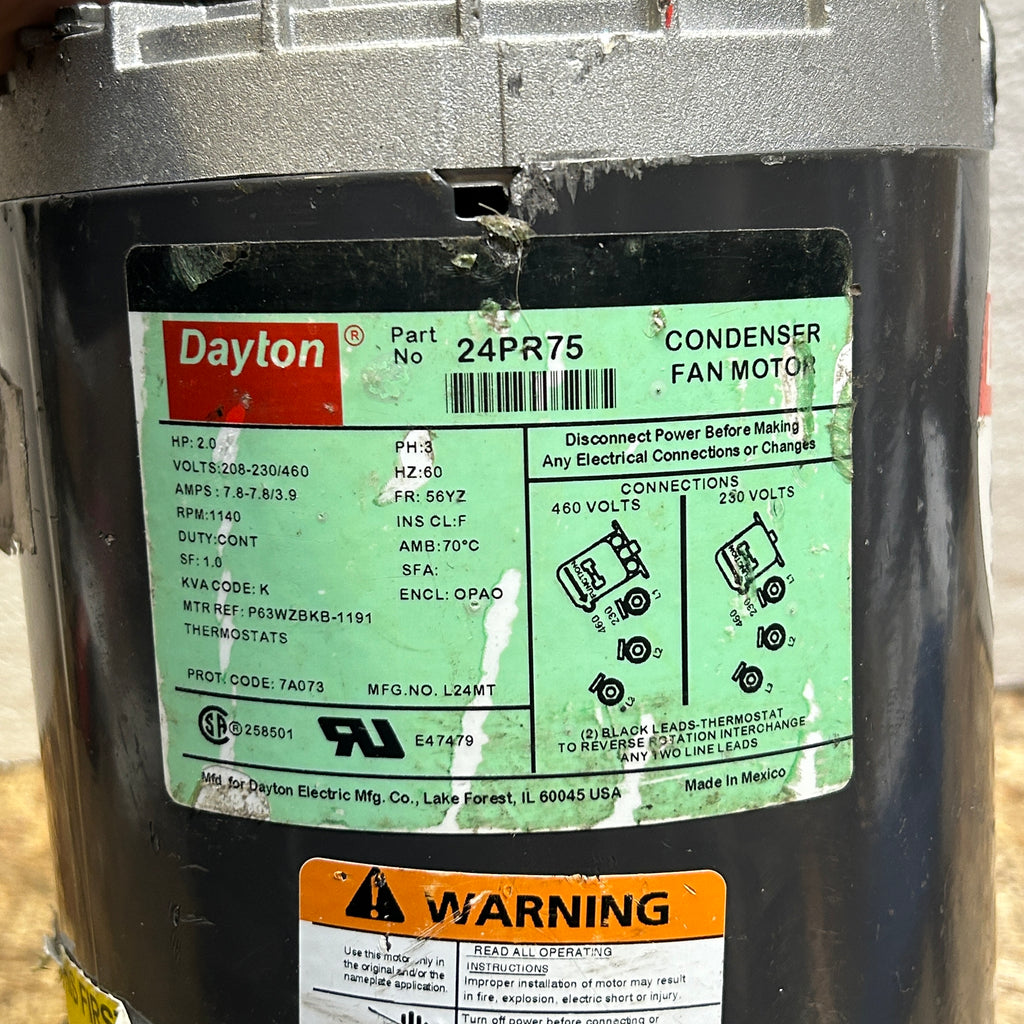 DAYTON CONDENSER FAN MOTOR 2 HP 1SPD  60 Hz 3PHASE  24PR75