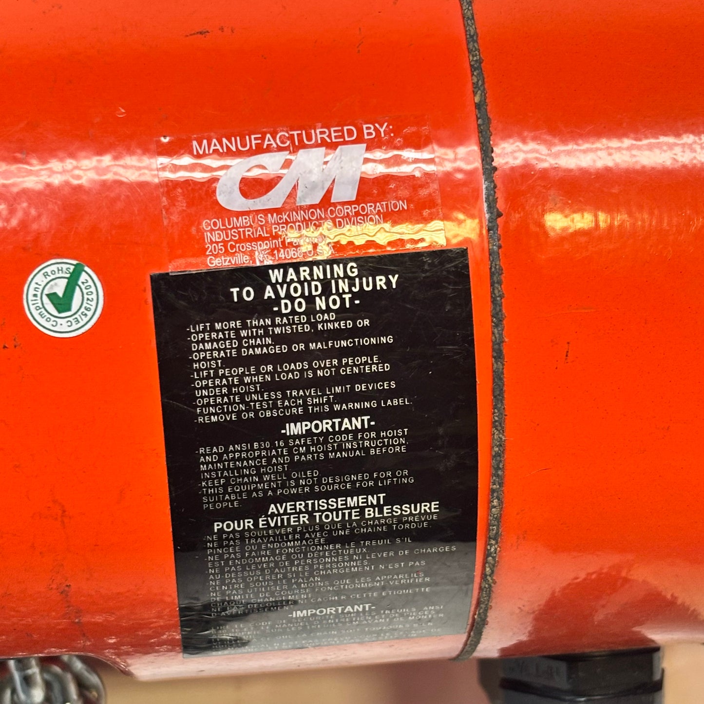 CM LODESTAR MODEL F 1/2-TON 16FPM 115V-1-60 10FT LIFT HEIGHT ELECTRIC CHAIN HOIST 2752NH-SH