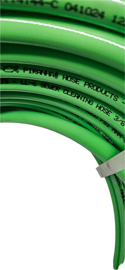 PIRANHA PRODUCTS LL6 SEWER CLEANING HOSE 3/8" I.D. WP 4000 PSI MAX WT 190 DEGREE F WATER USE ONLY Q.C. #774744-C 041024 1225