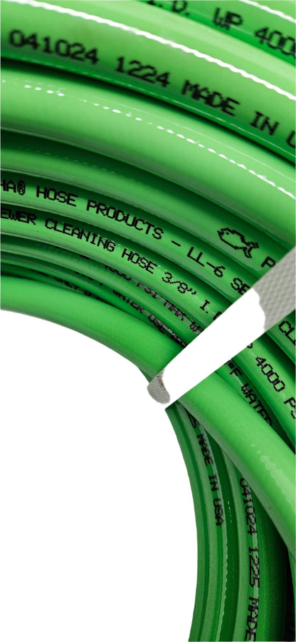 PIRANHA PRODUCTS LL6 SEWER CLEANING HOSE 3/8" I.D. WP 4000 PSI MAX WT 190 DEGREE F WATER USE ONLY Q.C. #774744-C 041024 1225