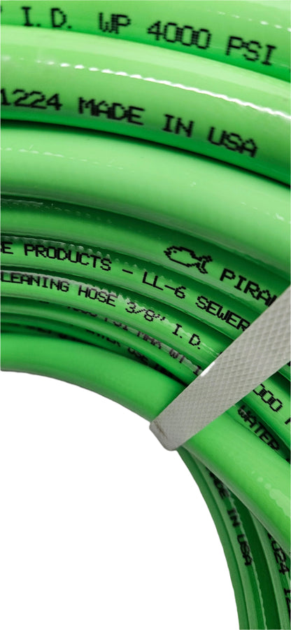 PIRANHA PRODUCTS LL6 SEWER CLEANING HOSE 3/8" I.D. WP 4000 PSI MAX WT 190 DEGREE F WATER USE ONLY Q.C. #774744-C 041024 1225