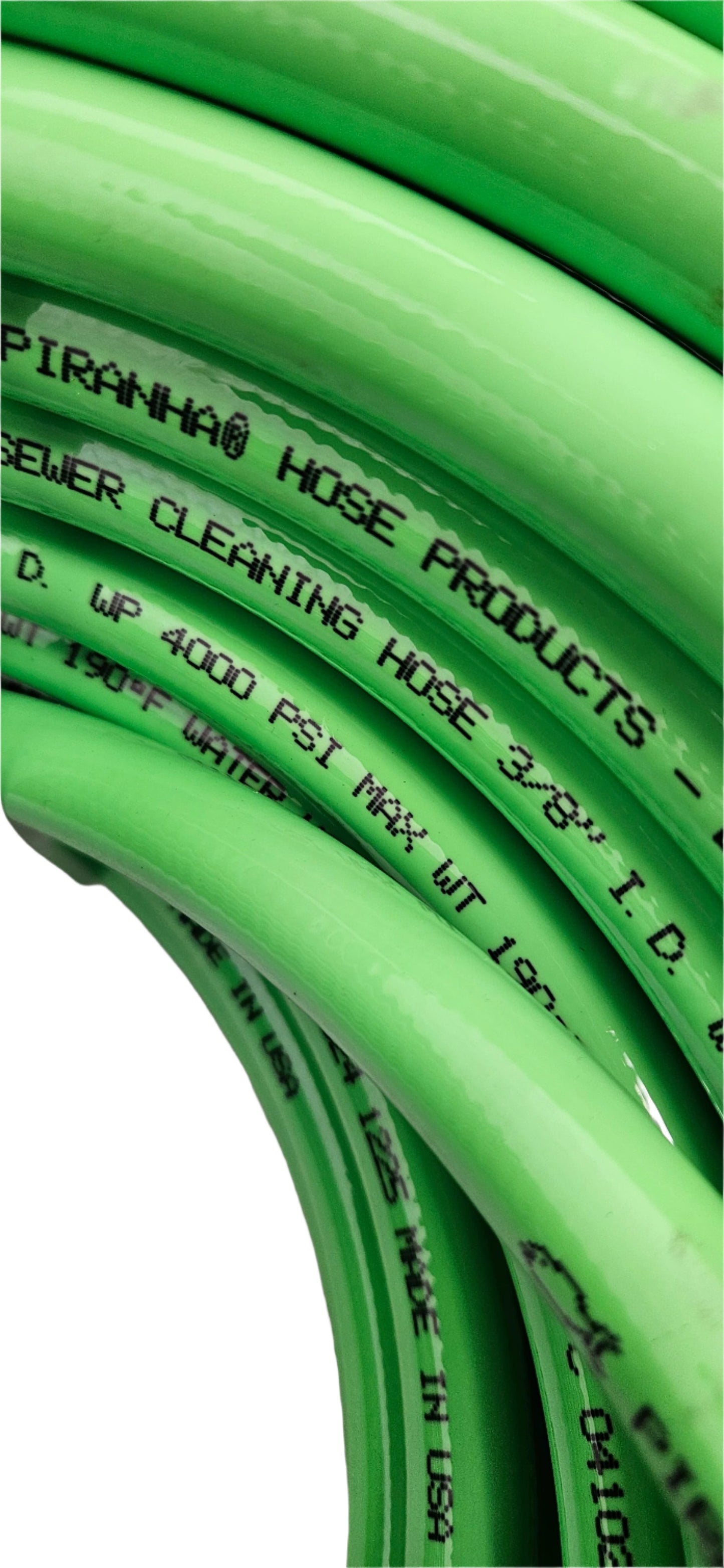PIRANHA PRODUCTS LL6 SEWER CLEANING HOSE 3/8" I.D. WP 4000 PSI MAX WT 190 DEGREE F WATER USE ONLY Q.C. #774744-C 041024 1225