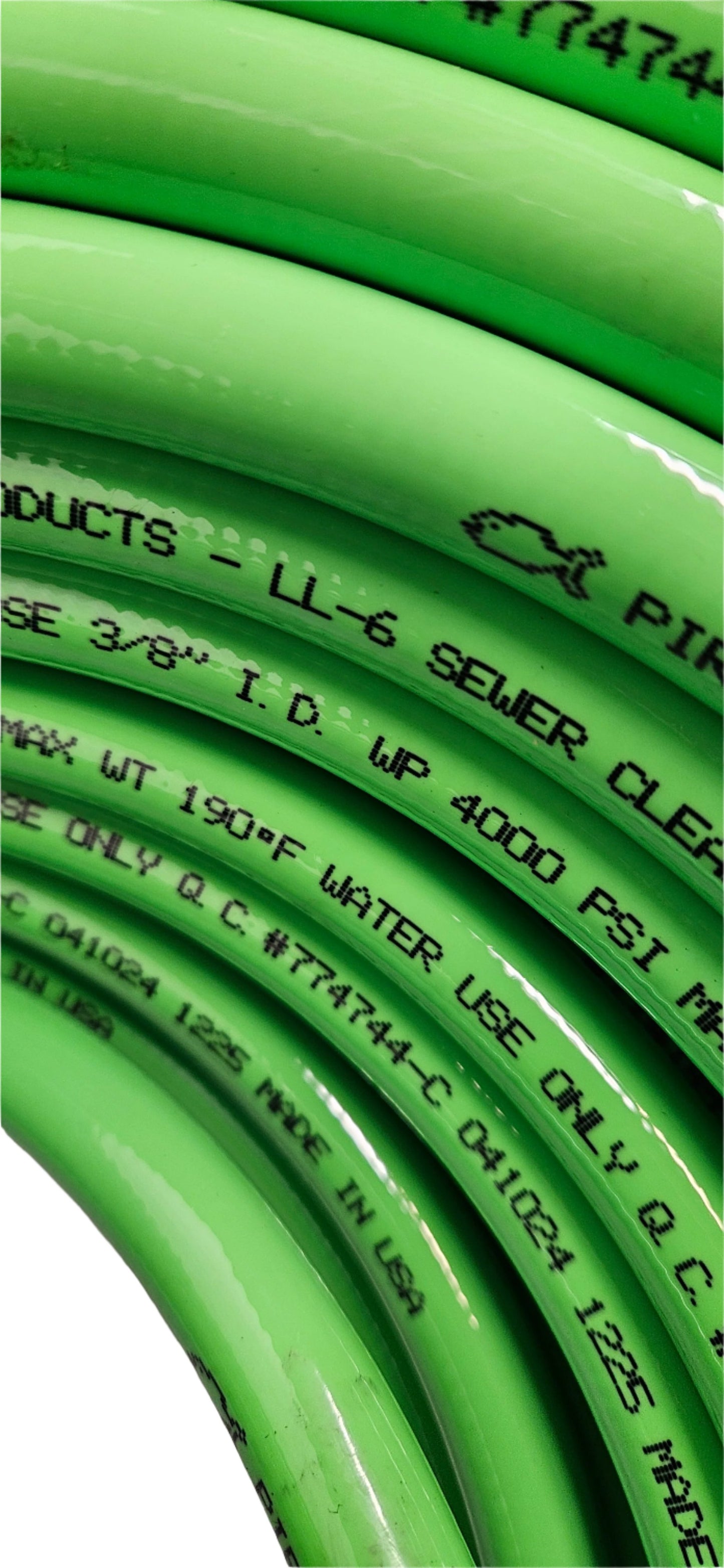 PIRANHA PRODUCTS LL6 SEWER CLEANING HOSE 3/8" I.D. WP 4000 PSI MAX WT 190 DEGREE F WATER USE ONLY Q.C. #774744-C 041024 1225