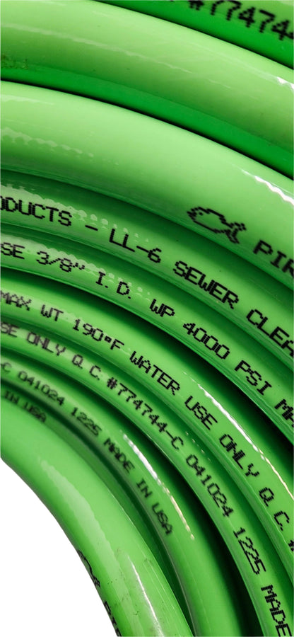 PIRANHA PRODUCTS LL6 SEWER CLEANING HOSE 3/8" I.D. WP 4000 PSI MAX WT 190 DEGREE F WATER USE ONLY Q.C. #774744-C 041024 1225