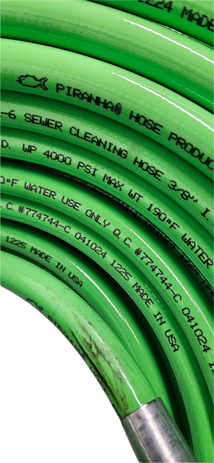 PIRANHA PRODUCTS LL6 SEWER CLEANING HOSE 3/8" I.D. WP 4000 PSI MAX WT 190 DEGREE F WATER USE ONLY Q.C. #774744-C 041024 1225