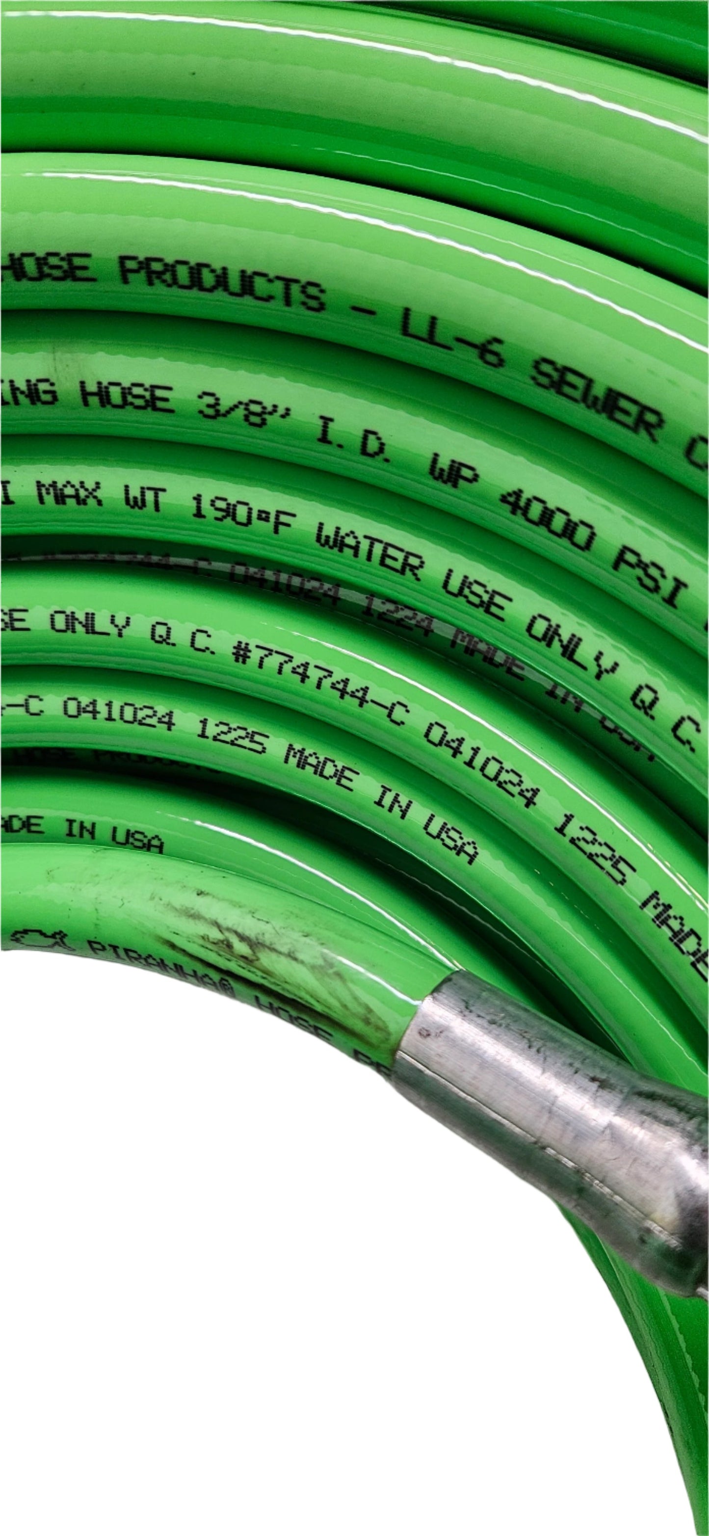 PIRANHA PRODUCTS LL6 SEWER CLEANING HOSE 3/8" I.D. WP 4000 PSI MAX WT 190 DEGREE F WATER USE ONLY Q.C. #774744-C 041024 1225