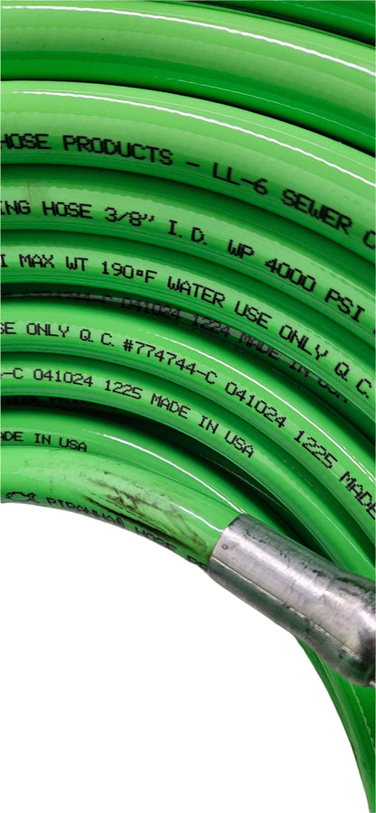 PIRANHA PRODUCTS LL6 SEWER CLEANING HOSE 3/8" I.D. WP 4000 PSI MAX WT 190 DEGREE F WATER USE ONLY Q.C. #774744-C 041024 1225