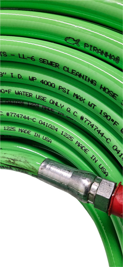 PIRANHA PRODUCTS LL6 SEWER CLEANING HOSE 3/8" I.D. WP 4000 PSI MAX WT 190 DEGREE F WATER USE ONLY Q.C. #774744-C 041024 1225