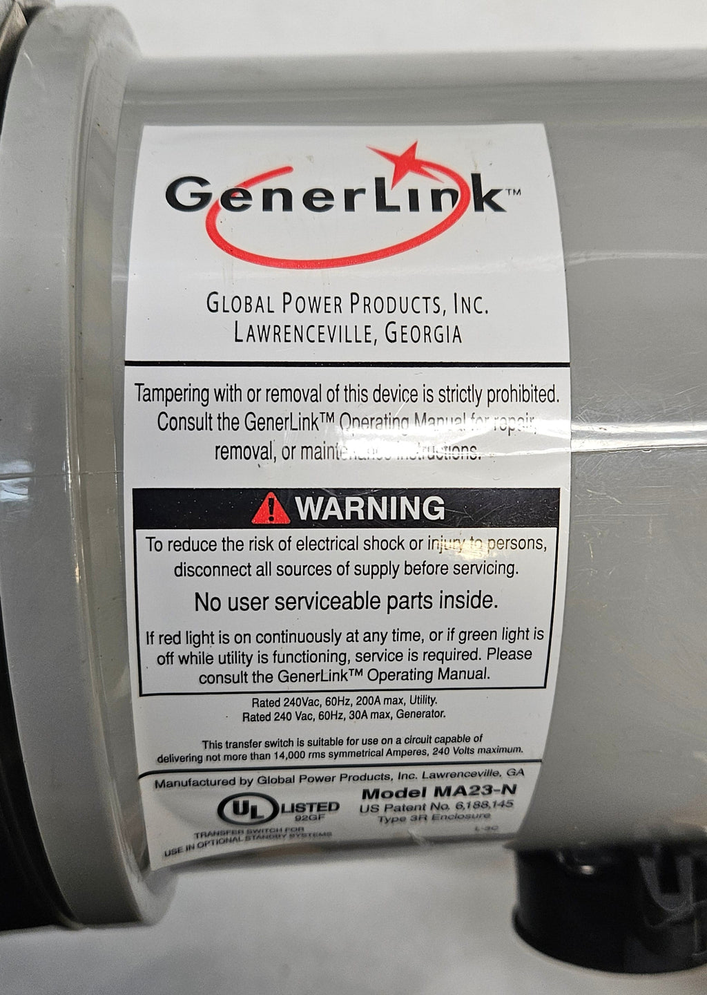 GENERLINK MA23-N 30 AMP METER MOUNTED AUTOMATIC MANUAL TRANSFER SWITCH 240VAC WITH 20 FOOT POWER CORD