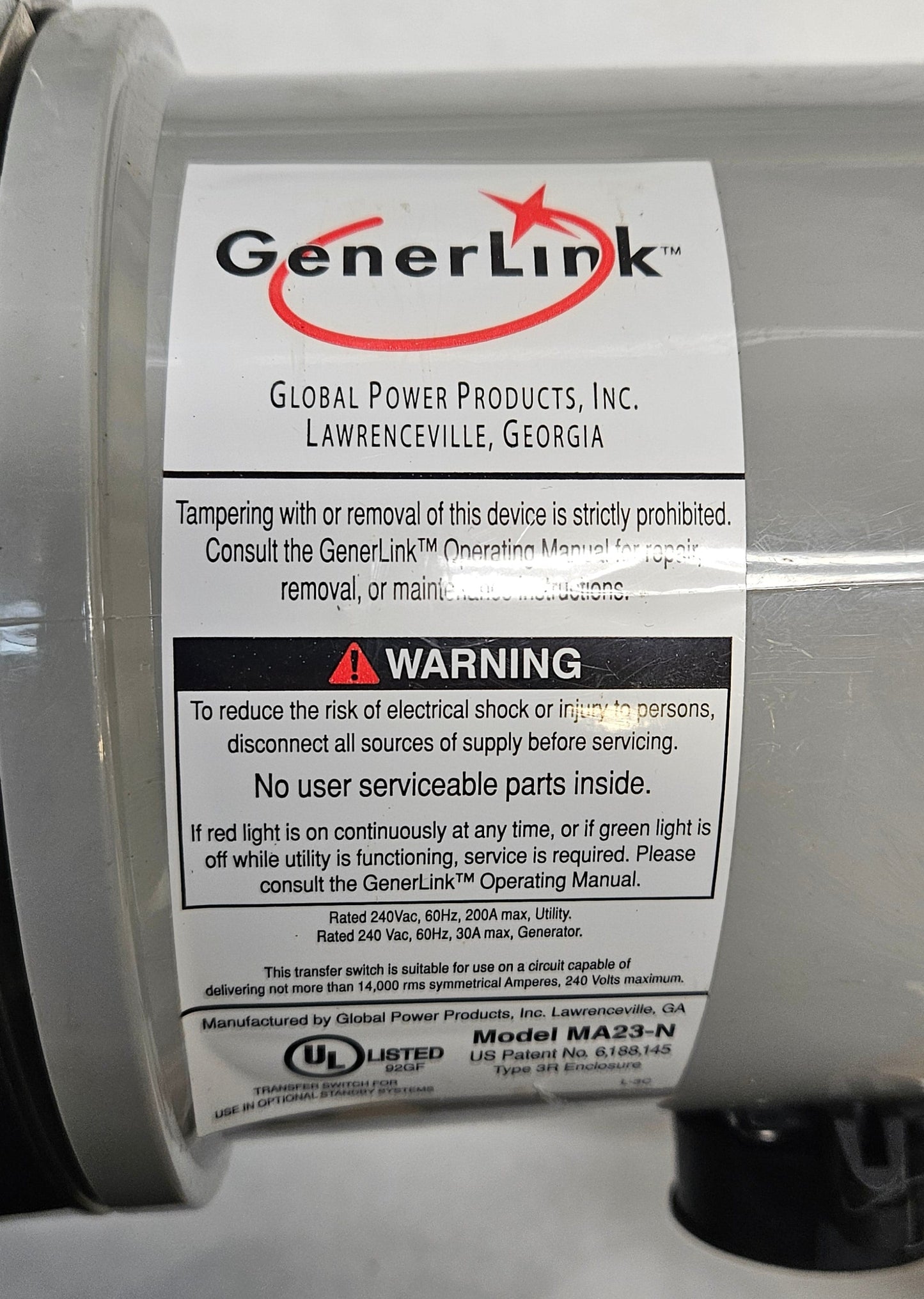 GENERLINK MA23-N 30 AMP METER MOUNTED AUTOMATIC MANUAL TRANSFER SWITCH 240VAC WITH 20 FOOT POWER CORD