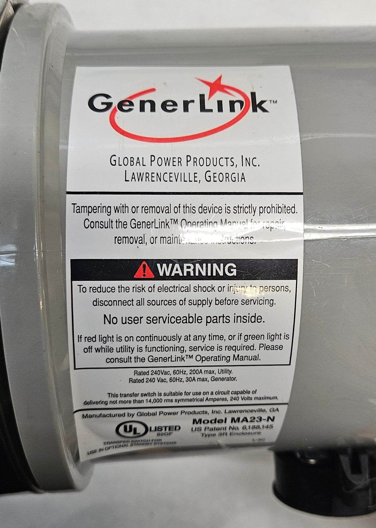 GENERLINK MA23-N 30 AMP METER MOUNTED AUTOMATIC MANUAL TRANSFER SWITCH 240VAC WITH 20 FOOT POWER CORD