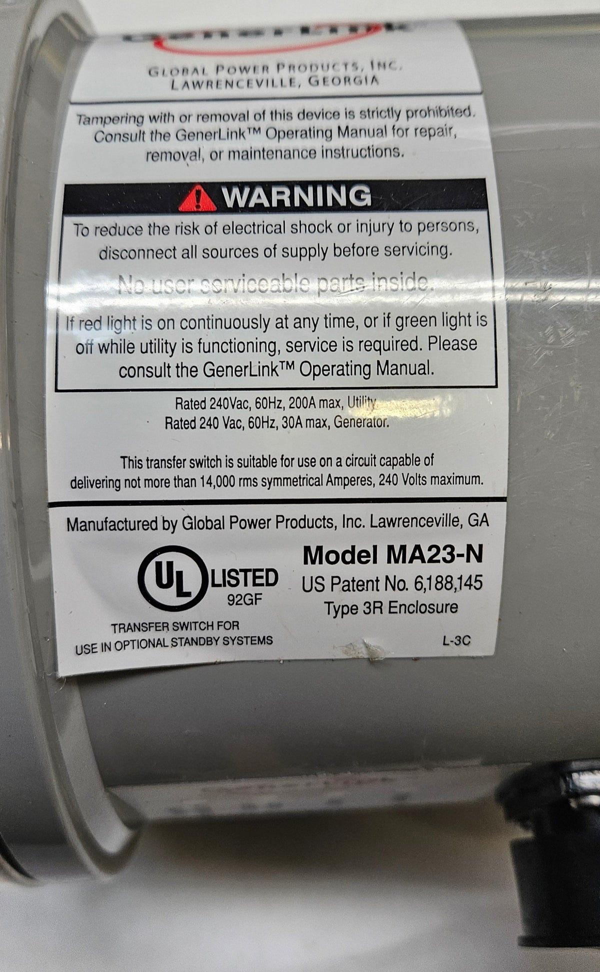 GENERLINK MA23-N 30 AMP METER MOUNTED AUTOMATIC MANUAL TRANSFER SWITCH 240VAC WITH 20 FOOT POWER CORD
