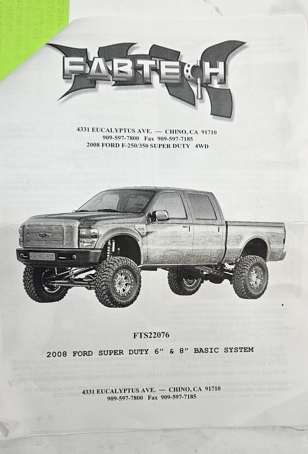 FABTECH FTS22076 2008 FORD SUPER DUTY 6" & 8" BASIC SYSTEM
