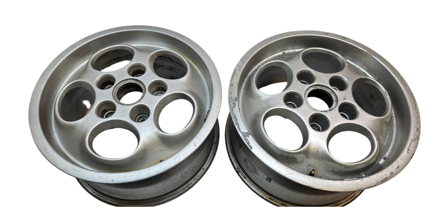 USED PAIR PORSCHE 944 95136211601 H 67206 TURBO LATE OFFSET WHEELS 16X8 ET 52.3