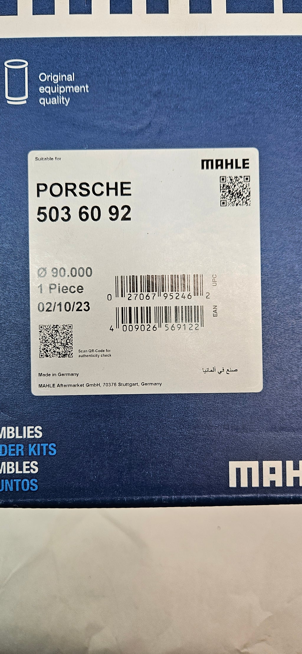 SET OF 6 MAHLE 503 60 92 OEM PORSCHE PISTON AND CYLINDER (EURO RS 2.7 LITER, 90.0 MM, 8.5:1 COMPRESSION, NIKASIL)