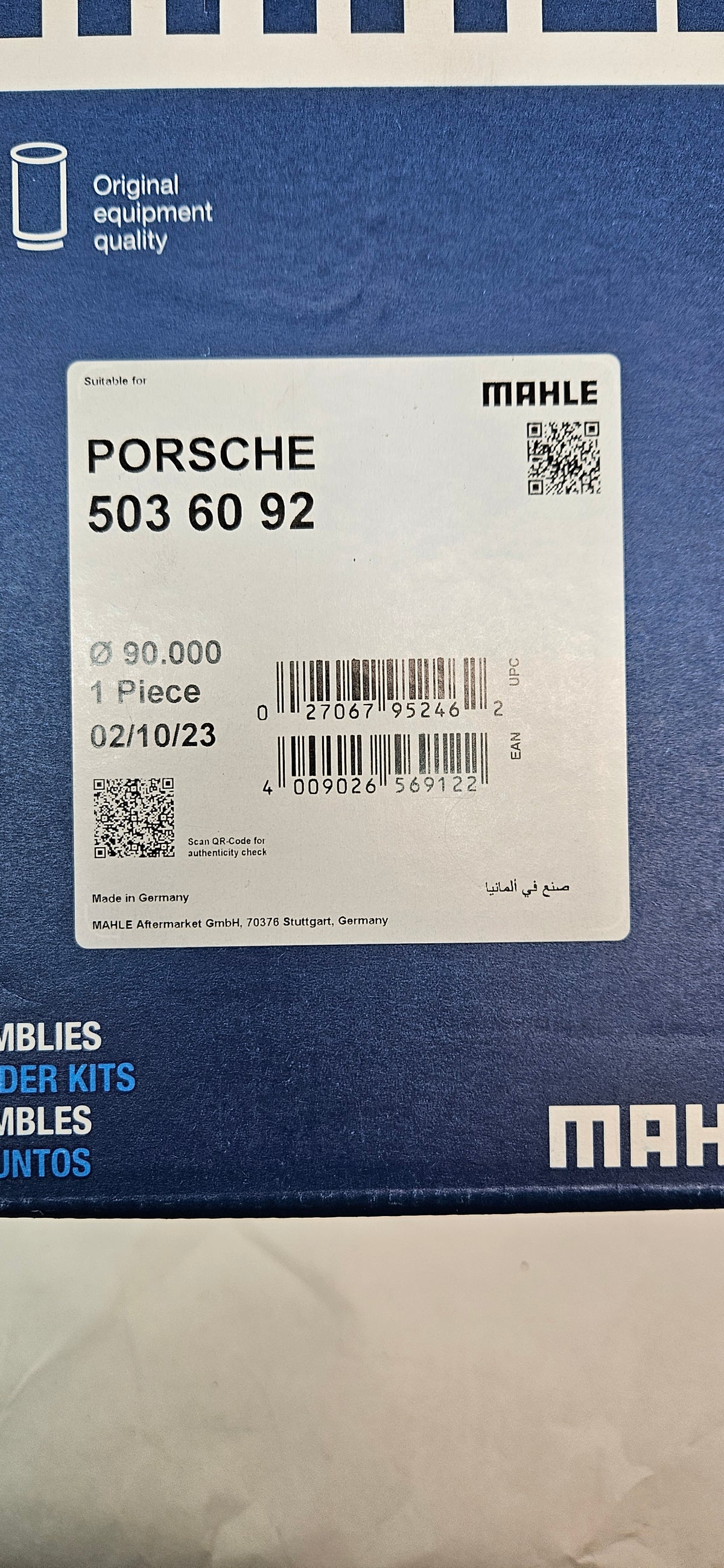 SET OF 6 MAHLE 503 60 92 OEM PORSCHE PISTON AND CYLINDER (EURO RS 2.7 LITER, 90.0 MM, 8.5:1 COMPRESSION, NIKASIL)