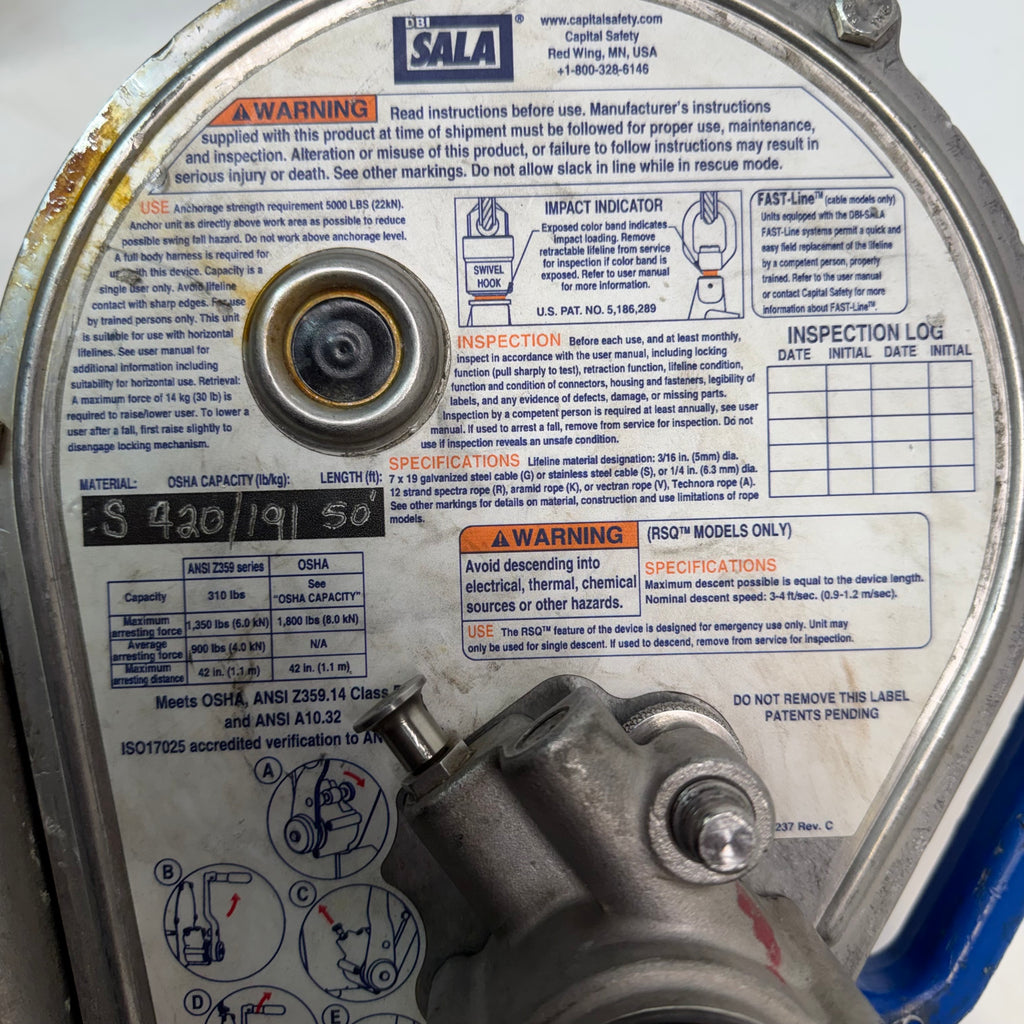 USED DBI-SALA SEALED-BLOK SELF-RETRACTING LIFELINE 3400922, 50 FT, SILVER