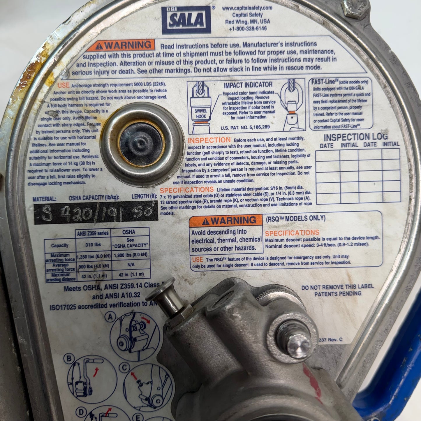 USED DBI-SALA SEALED-BLOK SELF-RETRACTING LIFELINE 3400922, 50 FT, SILVER