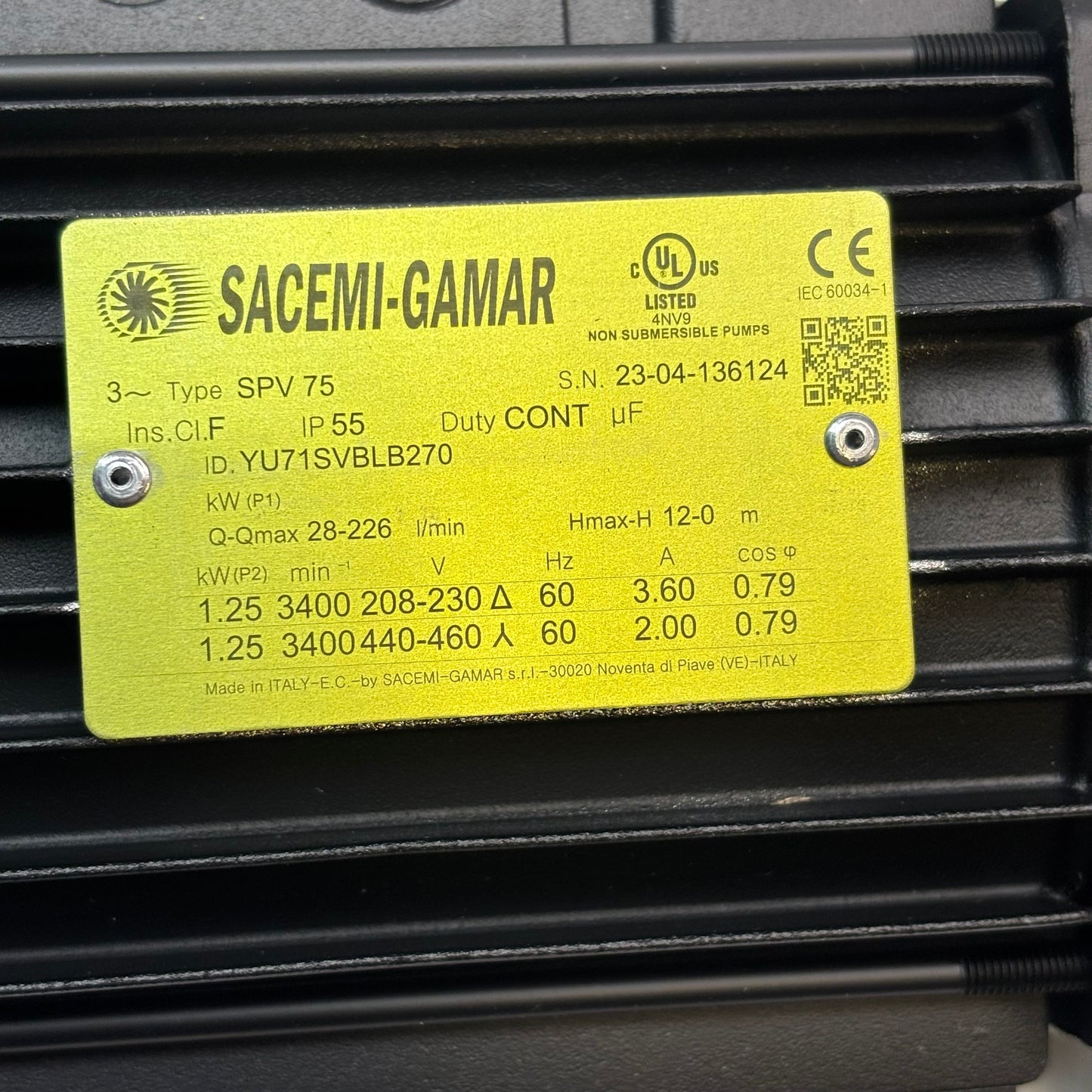 SACEMI GAMAR SPV 75 1.25 KW 60 HZ YU71SVBLB270 IP55