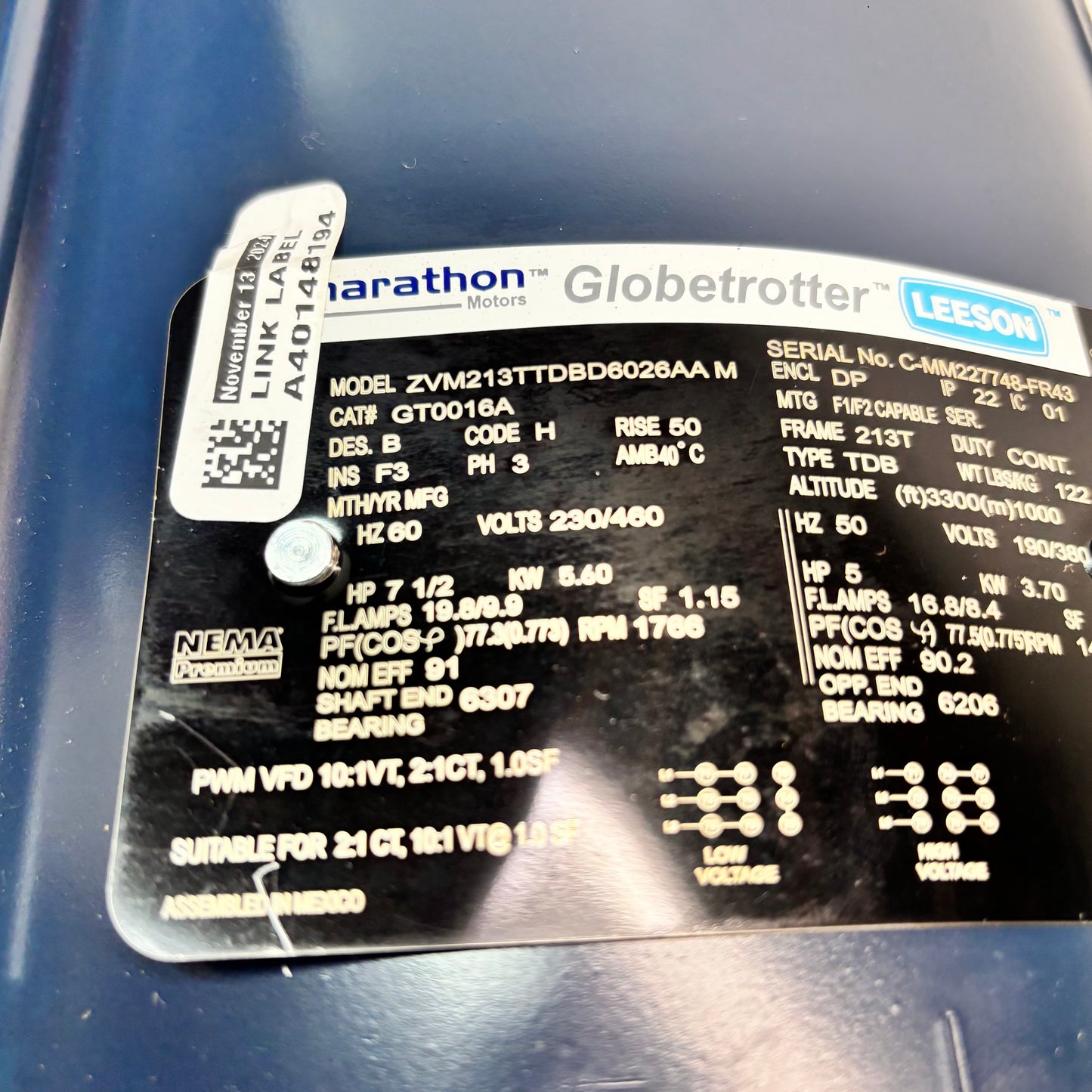 (DAMAGED) MARATHON 7.5 HP 1800 RPM 230/460V 3PH OPEND DRIP ELECTRIC MOTOR GT0016A