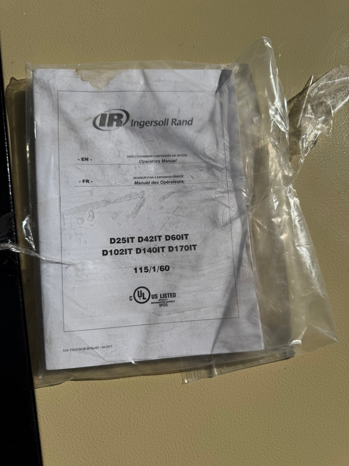 INGERSOLL RAND D42IT 23231616 NON-CYCLING HIGH TEMPERATURE REFRIGERATED AIR DRYER 24 CFM 1-PHASE 115V