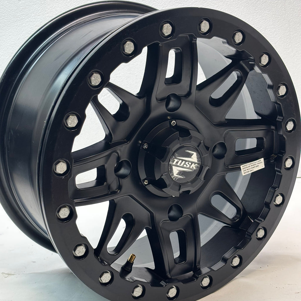 2 TUSK TD672 BLACK MATTER WHEELS 15X7 ET 30 4X6-1/4