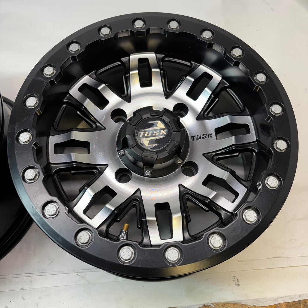 4 TUSK TETON BEADLOCK ATV UTV MACHINED/BLACK WHEELS 14X7 4/139.7 ET+5