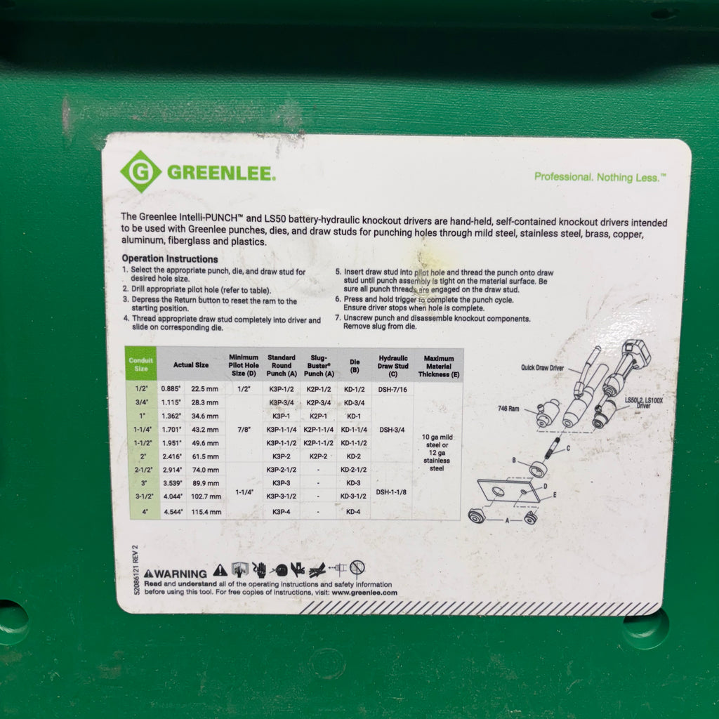 USED GREENLEE LS100X INTELLI-PUNCH 11-TON BATTERY-HYDRAULIC KNOCKOUT PUNCH KIT WITH SLUG-BUSTER