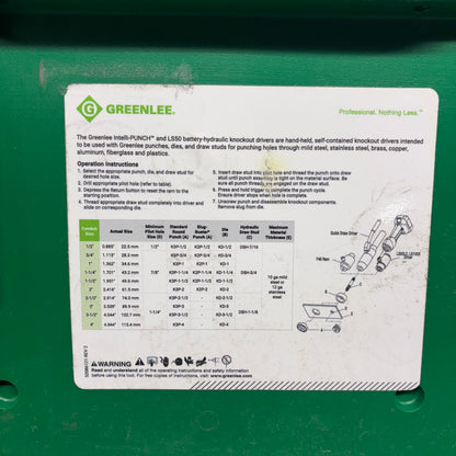 USED GREENLEE LS100X INTELLI-PUNCH 11-TON BATTERY-HYDRAULIC KNOCKOUT PUNCH KIT WITH SLUG-BUSTER