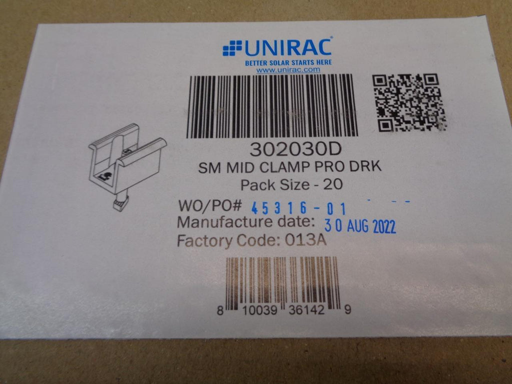 BOX OF 20 UNIRAC SM MID CLAMP PRO DARK SOLAR PANEL CLAMPS 302030D SR