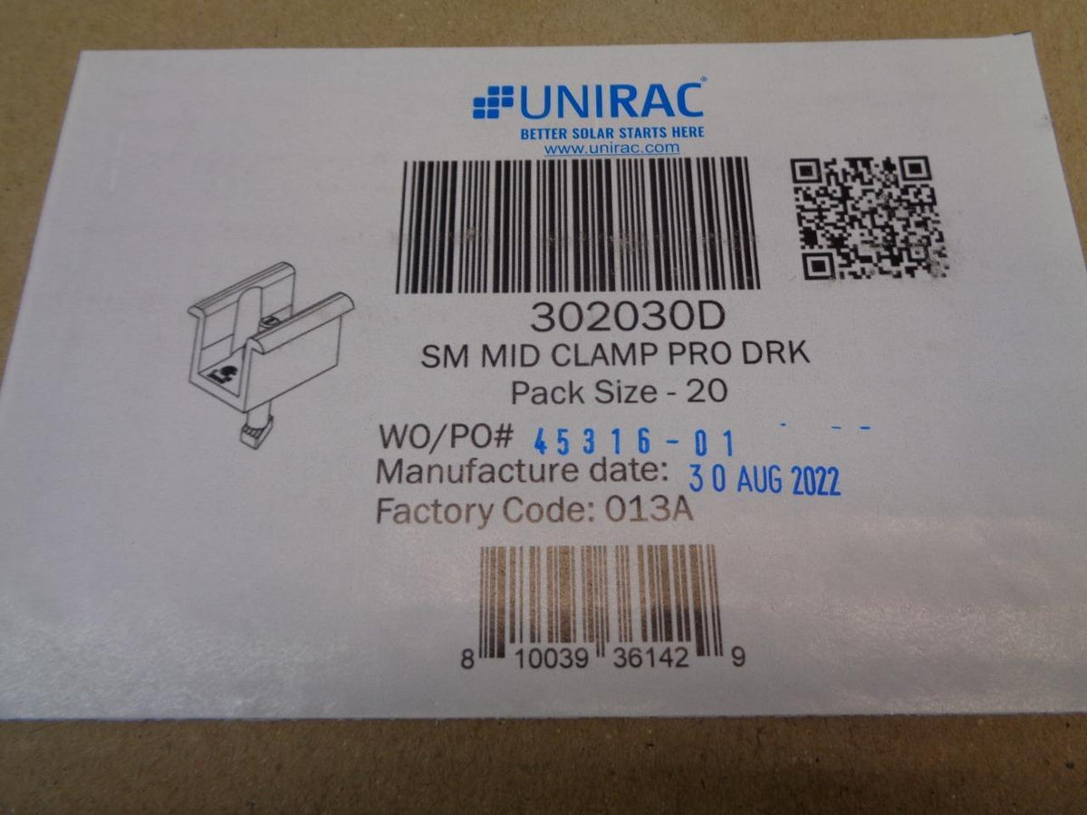 BOX OF 20 UNIRAC SM MID CLAMP PRO DARK SOLAR PANEL CLAMPS 302030D SR